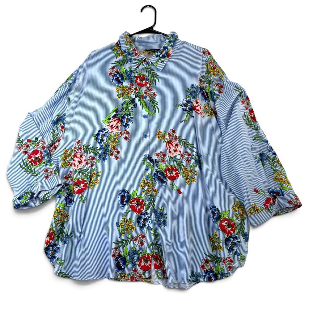 unique spectrum blue stripe floral button up shirt 3x cottagecore boho coastal